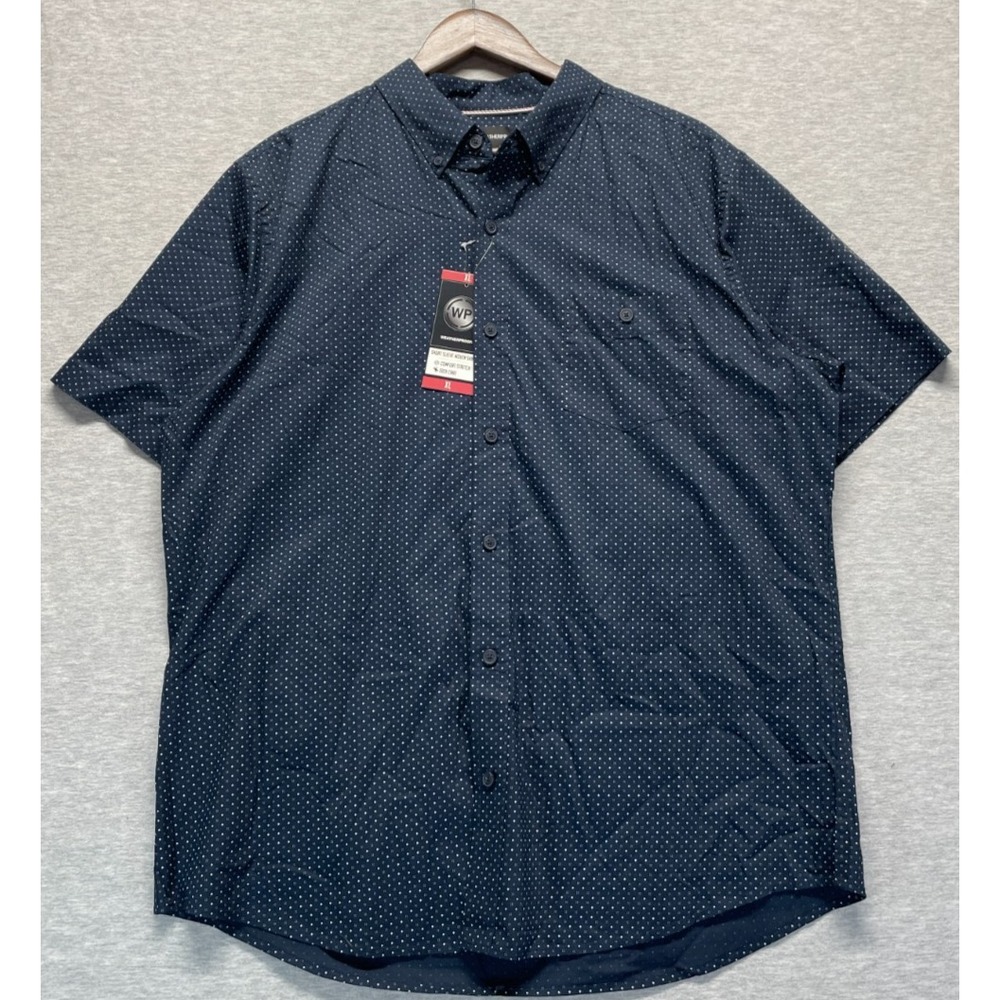 Weatherproof Woven Shirt Mens XL Navy Blue Geometric Comfort Stretch Button Down